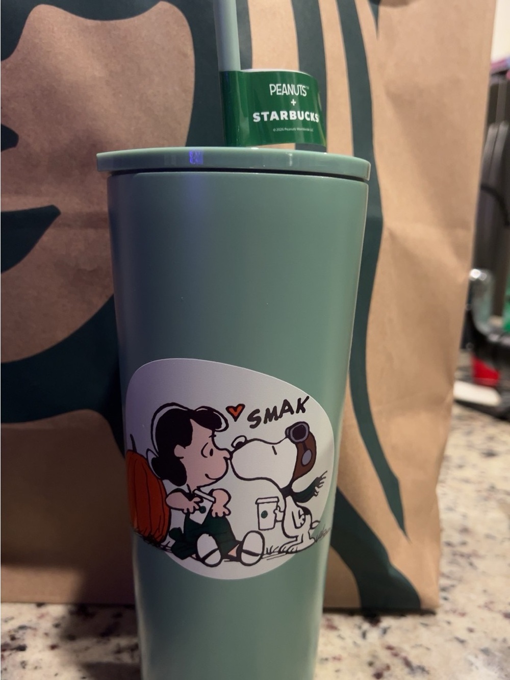 Starbucks Peanuts Travel Tumbler - Sage Green with Peanuts Artwork